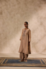 Champagne chanderi dori work  embroidered kurta paired with organic cotton slip, afgani salwar & organza dupatta
