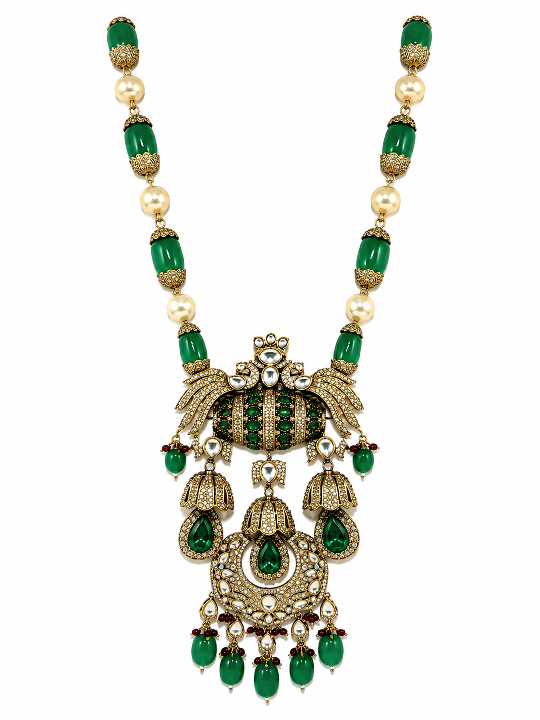 Emerald Green Semi-Precious Stone Kundan Long Necklace Set with Maang Tikka