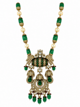 Emerald Green Semi-Precious Stone Kundan Long Necklace Set with Maang Tikka