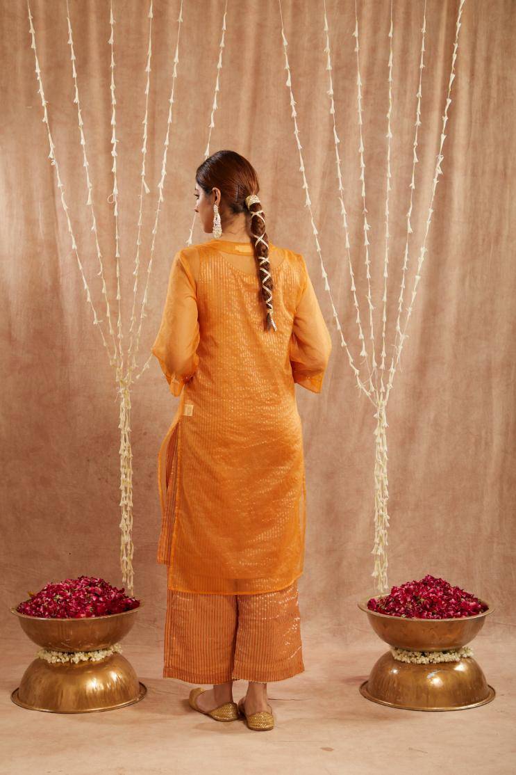 Orange Lily Floral Embroidred Kurta with Flared Pants