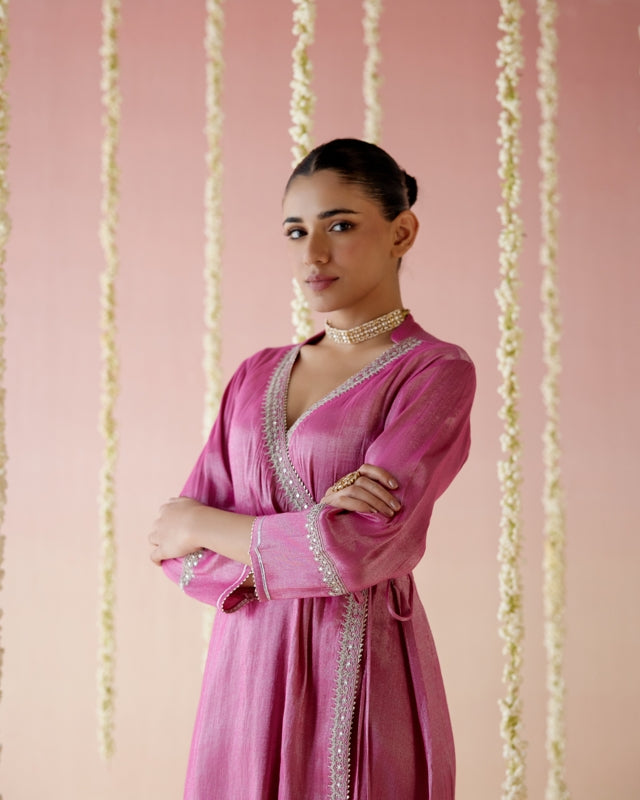 Fuschia Pink Tissue Angarakha with 
Narrow Pants & Dupatta - Set of 3