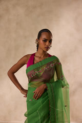 Green organza embroidered saree comes with unstitched & unembroidered blouse fabric in chanderi