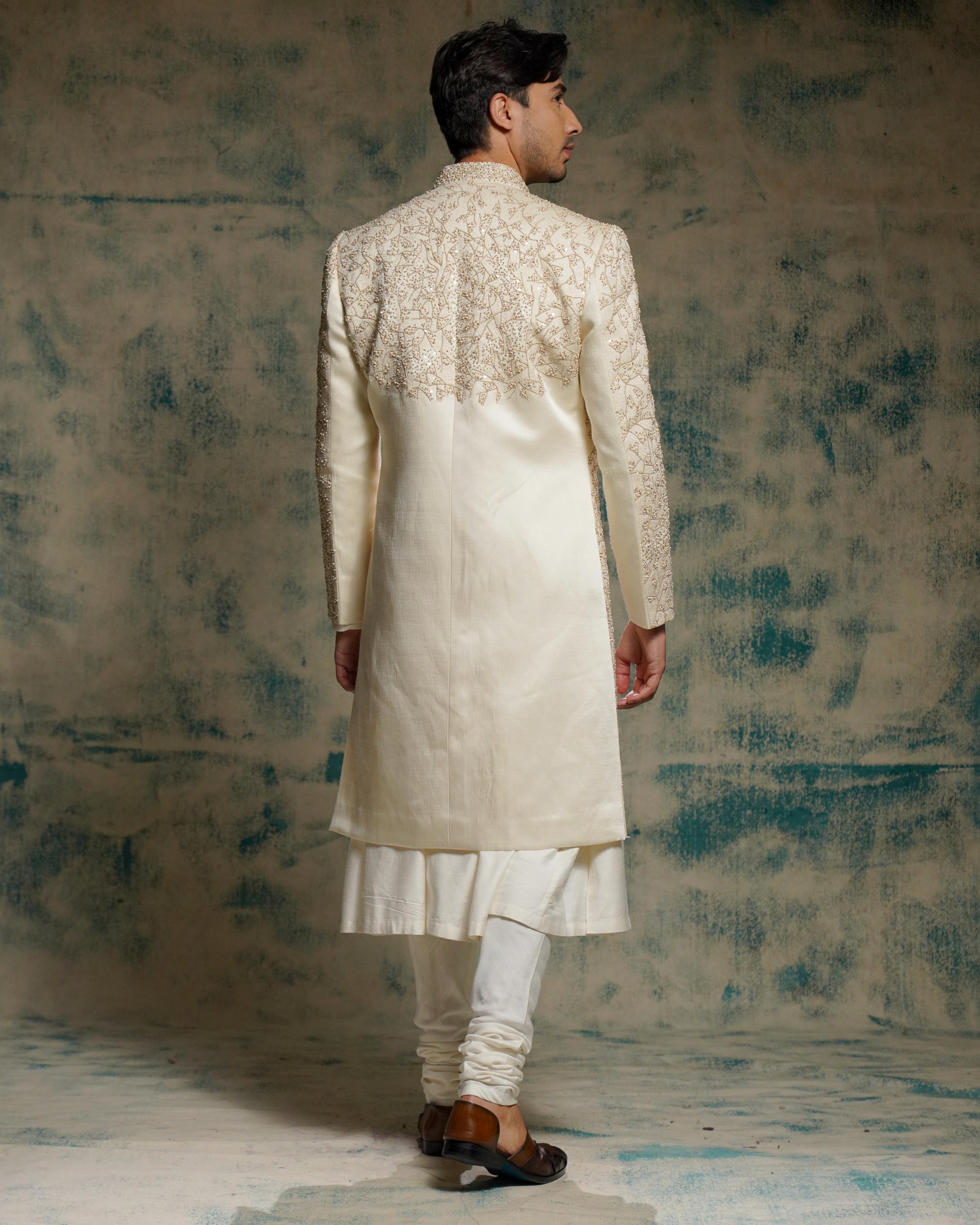 Ivory embriodered pearl open sherwani set