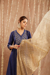 Royal Blue Gota Chanderi Kurta with 
Wide Leg Pants