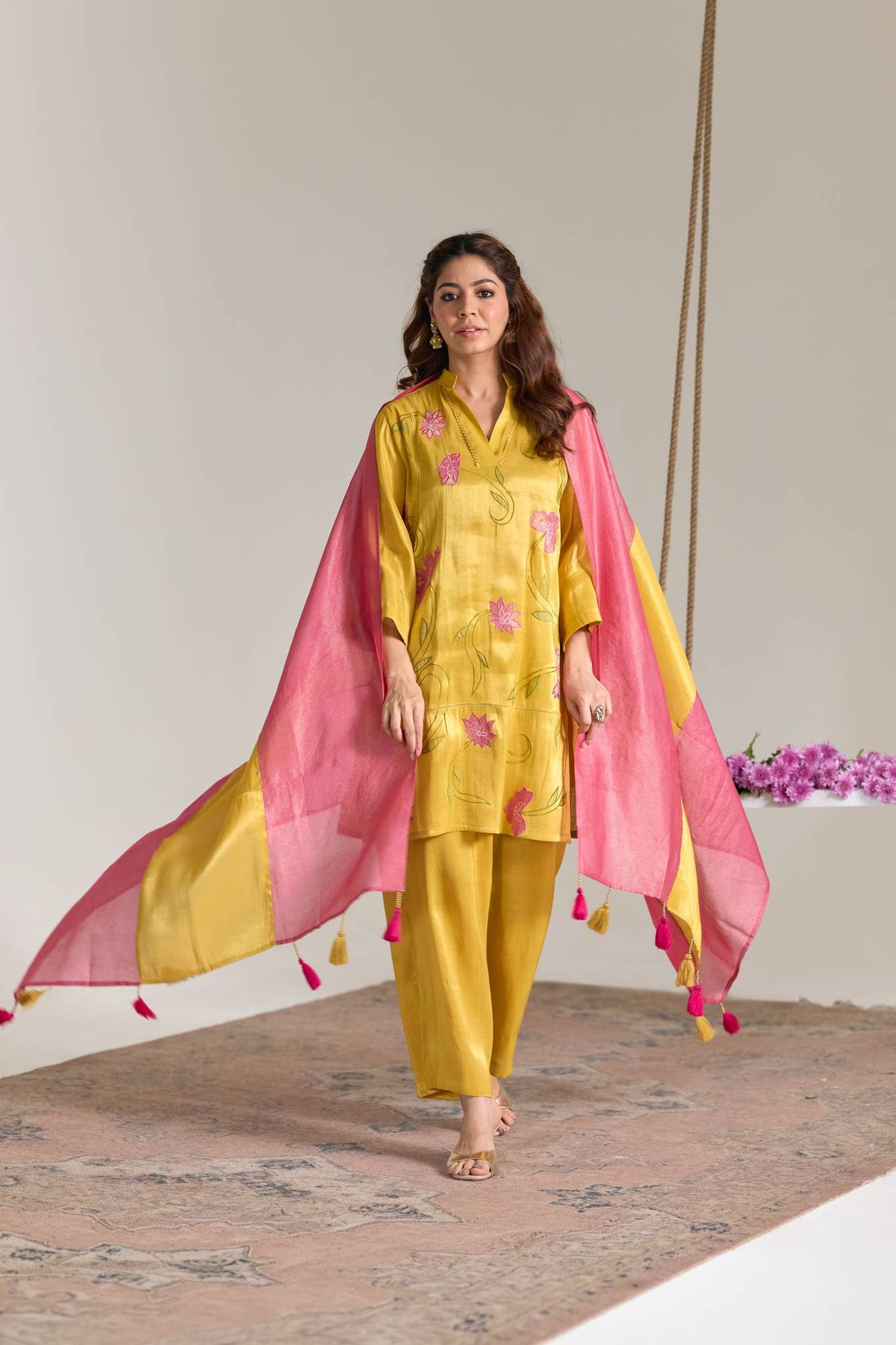 Fuschia Yellow Applique Embroidered Tissue Kurta Set - Set of 2