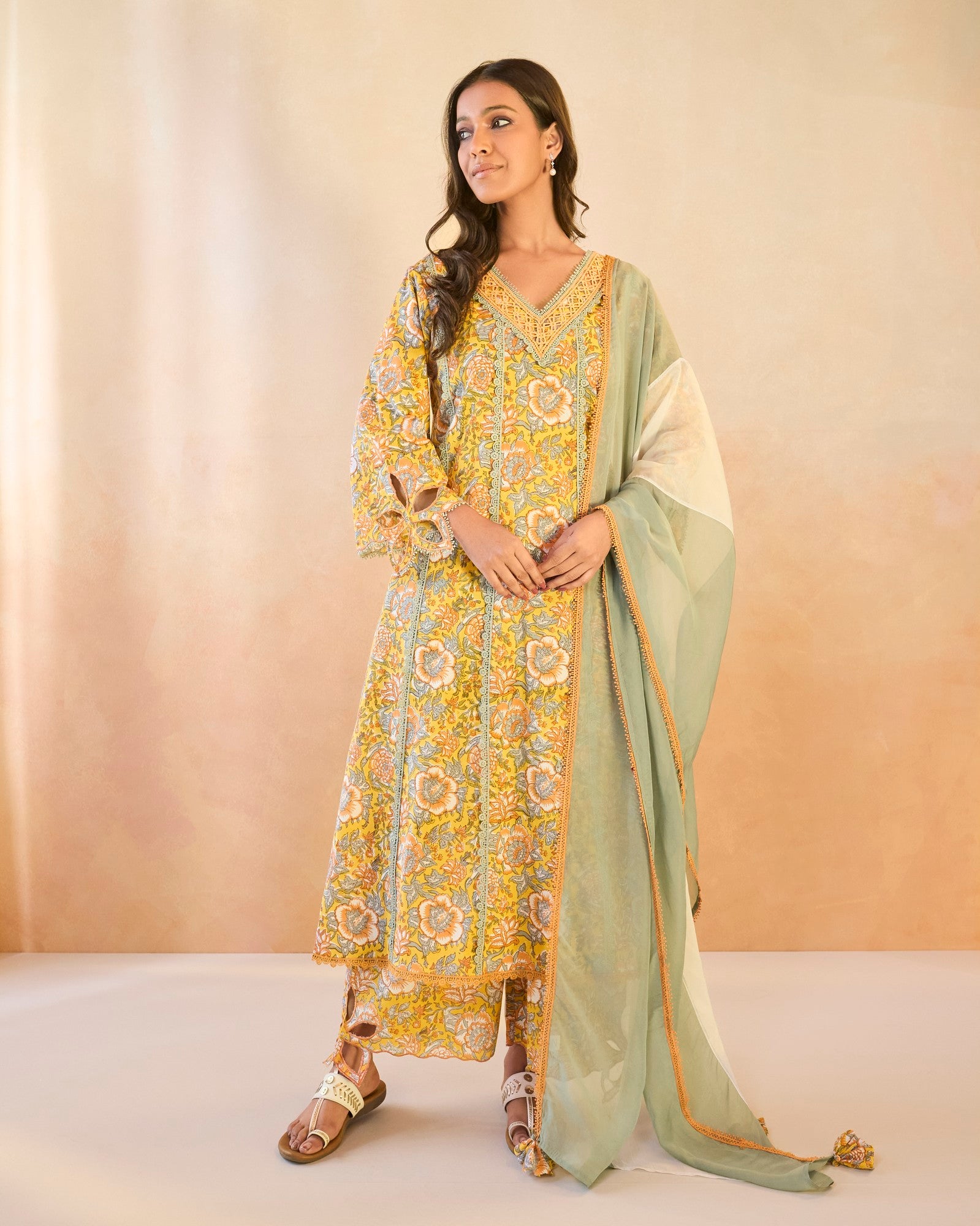 Sunflower Chintz Cutwork Cotton Kurta with Wide Leg Pants
