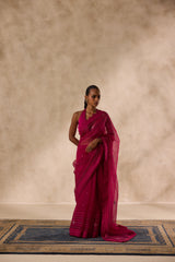 Wine organza jaal embroidred saree comes with unstitched & unembroidered blouse fabric in chanderi