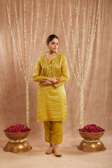 Olive Green Embroidered Kurta with 
Narrow Pants