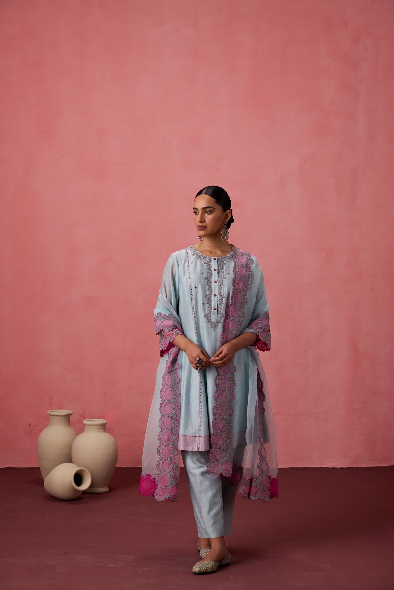 Sky blue chanderi dori work  floral and french knot embroidered kurta paired with pant & organza dupatta