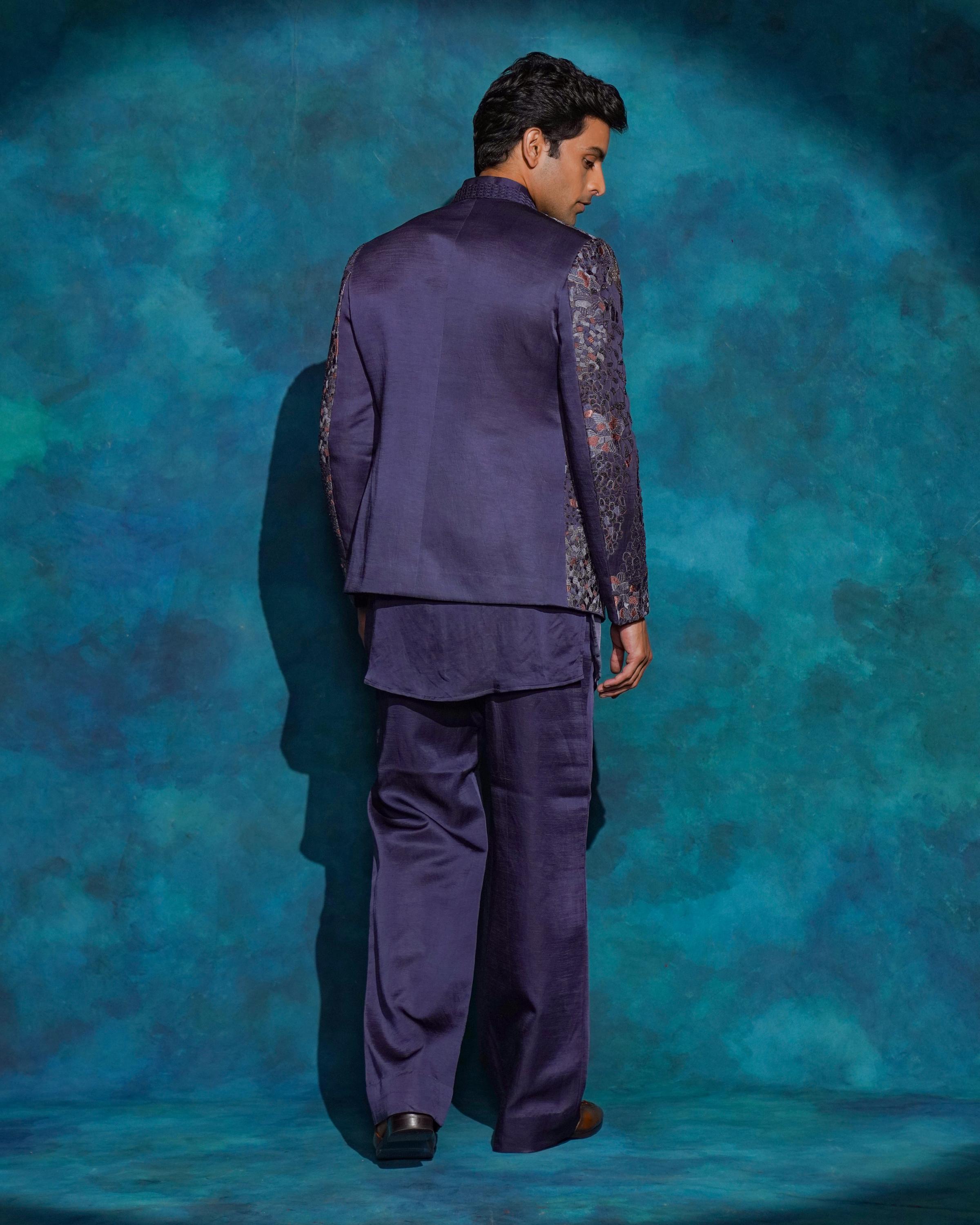 Oceanic Purple hand embroidered short jacket set