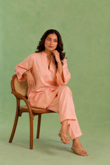 Peach Flora Embroidered Handloom Cotton Co-ord Set