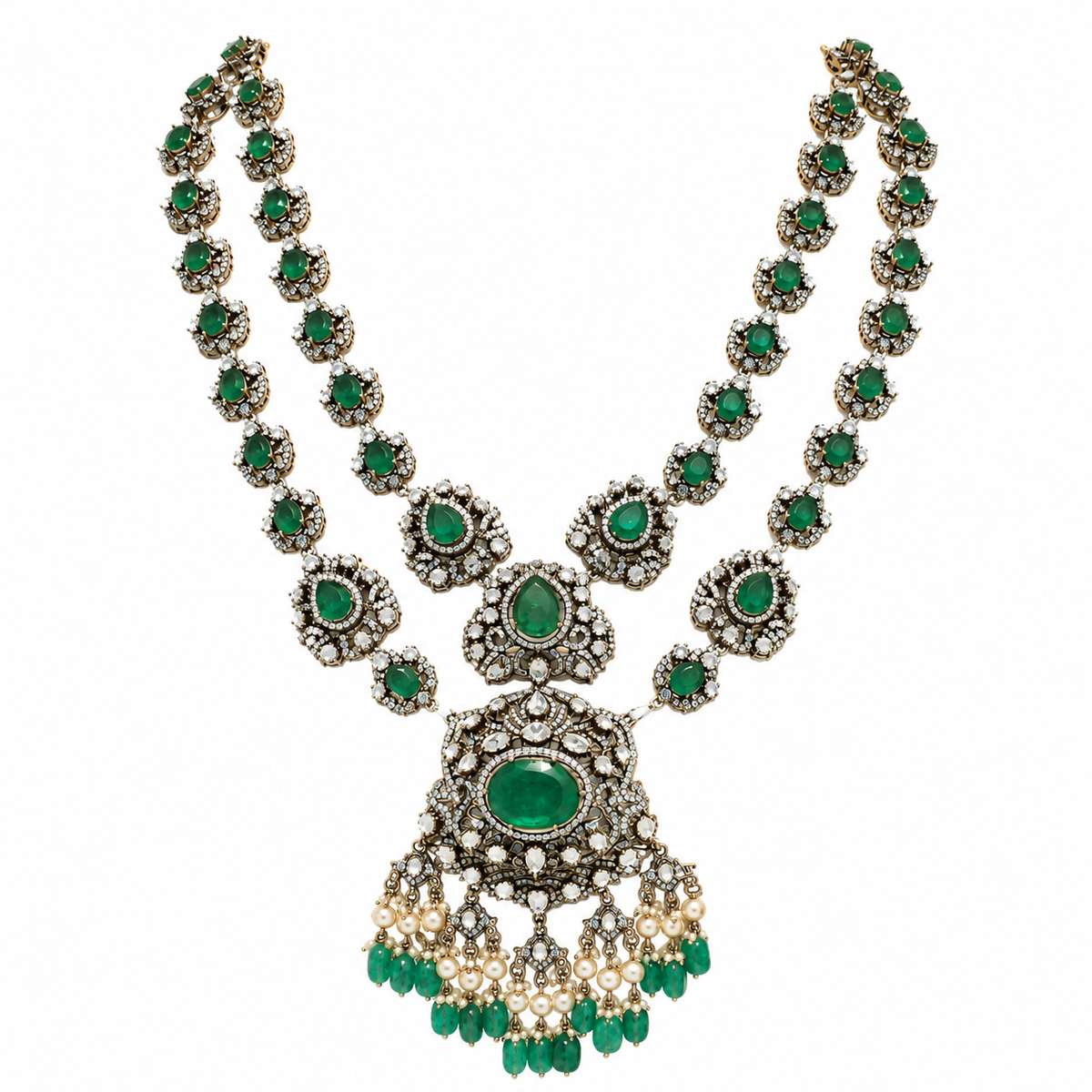 Emerald Moissanite Polki Long Two-Layered Necklace Set