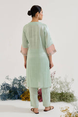 Mint Lotus Applique Tissue Kurta with Narrow Pants - Set of 2