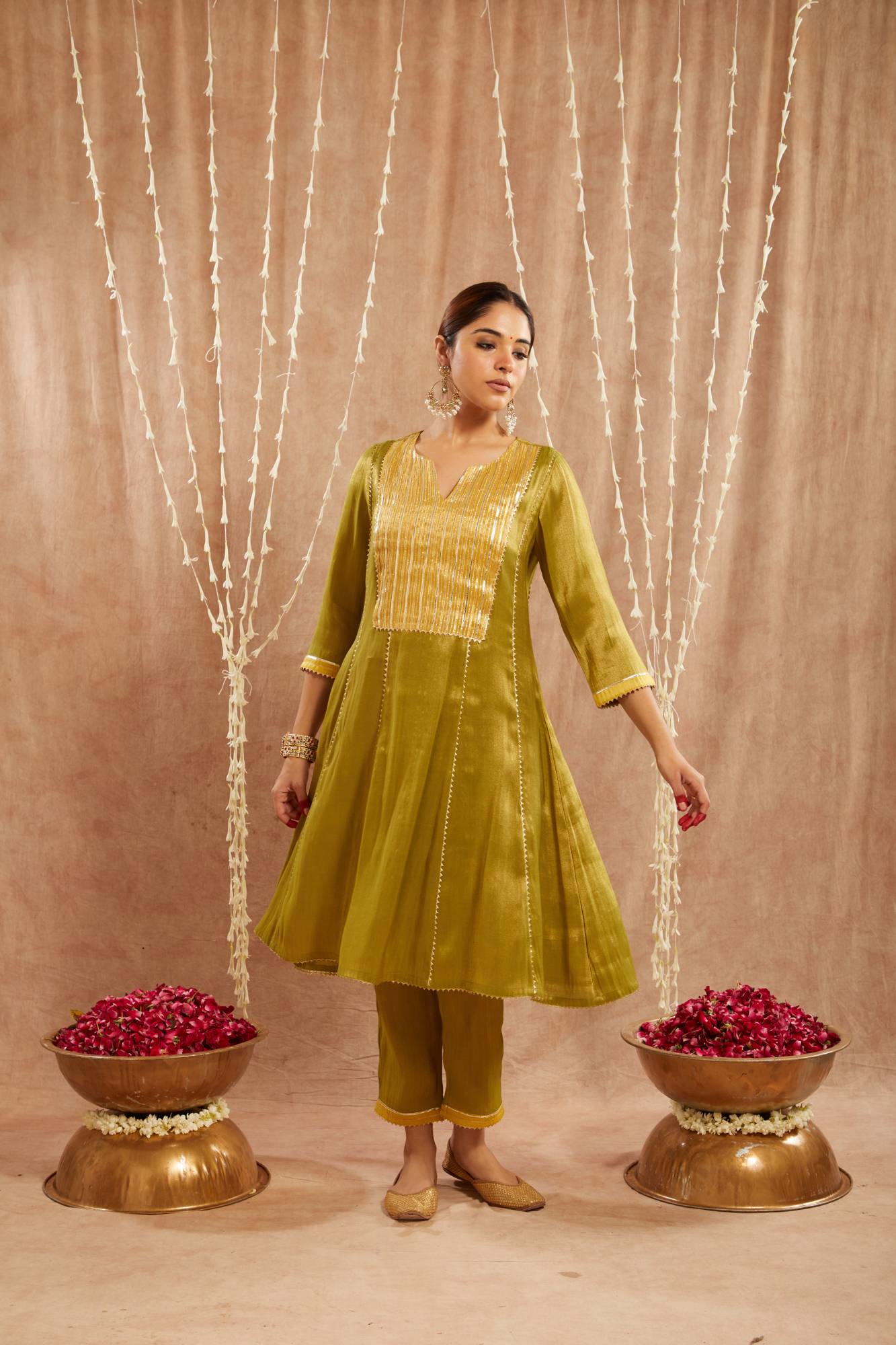Green Yoke Tissue Anarkali with 
Narrow Pants