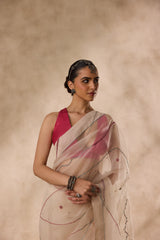 Ivory organza french knot jaal & paisley work saree comes with unstitched & unembroidered blouse fabric in chanderi