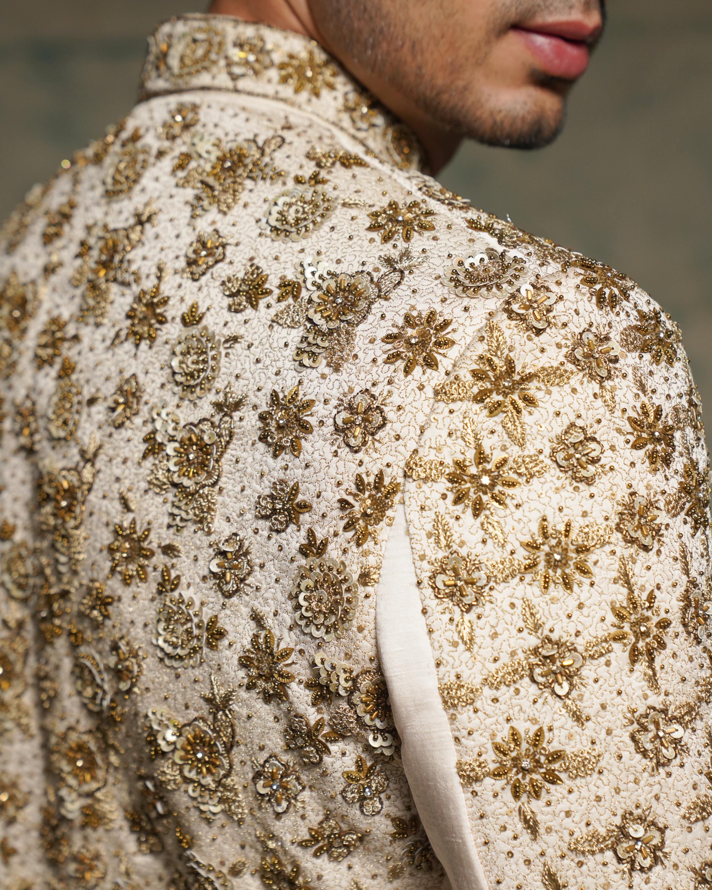 Apricot Ivory Silk embriodered zari Sherwani Set