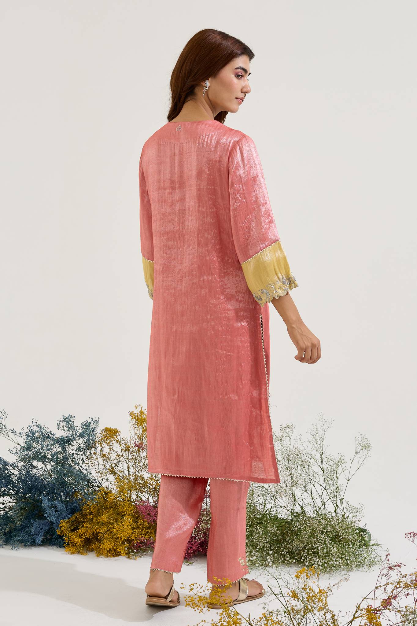 Red Lotus Applique Tissue Kurta with Narrow Pants - Set of 2