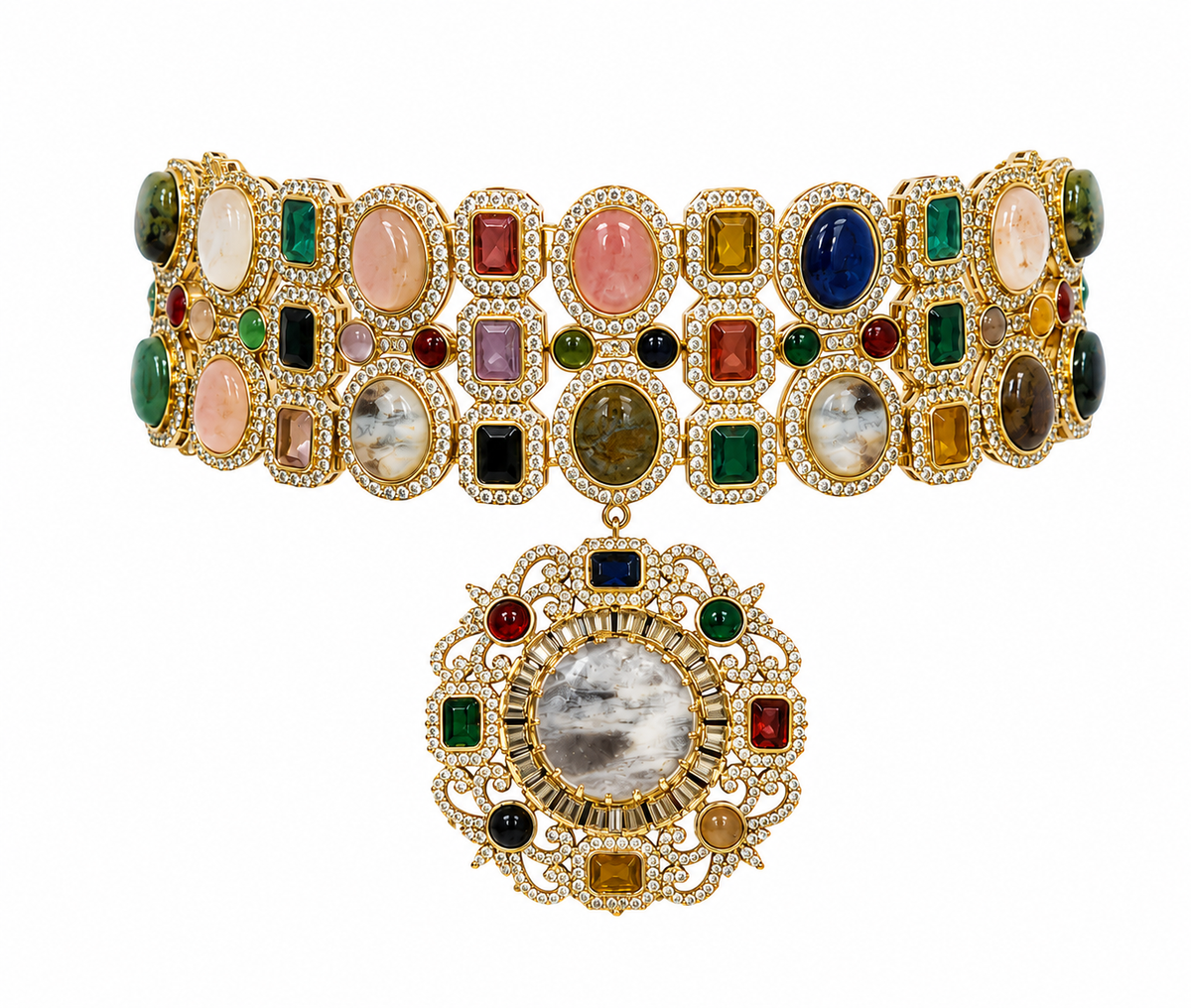 Multicolour Semi-Precious Stone Moissanite Choker Set