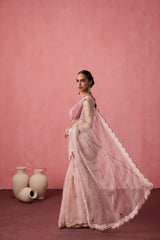 Cozy pink organza bullion & kaatha work embroidered saree comes with unstitched & unembroidered blouse fabric in chanderi