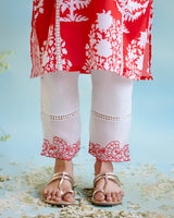 Hibiscus Floral Cotton Linen Kurta with Lace Detailing and Embroidered Sleeves