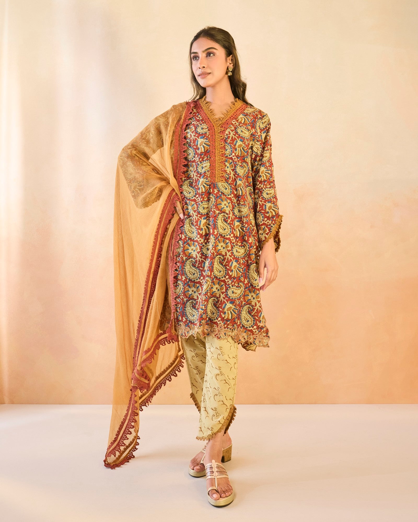 Ruby Petal Scallop Cotton Kurta with Tulip Pants