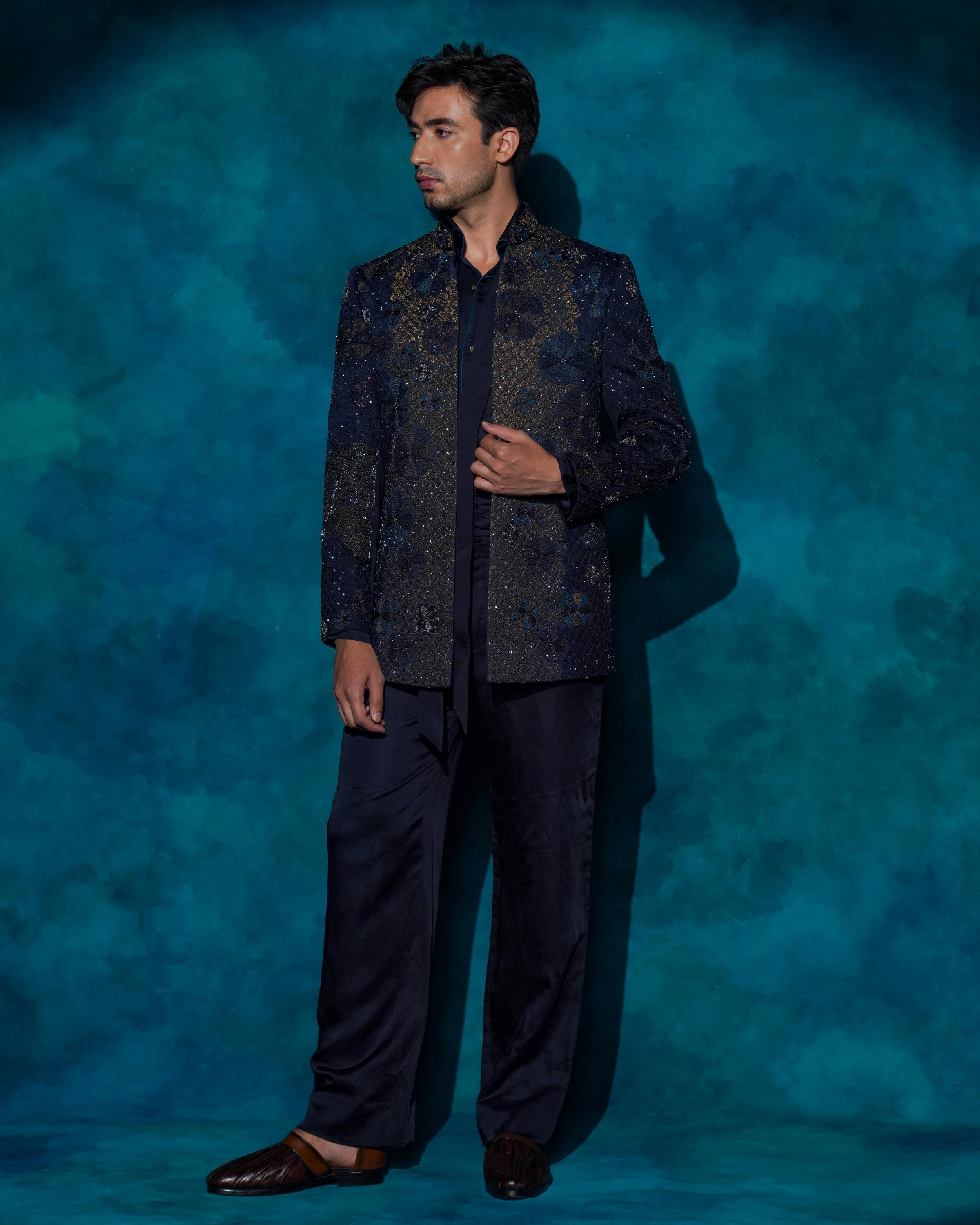 Midnight Blue Hand embroidered short jacket set