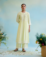 Sunny Lime Pearl Kurta in Silky Modal with Delicate Lace Detaling