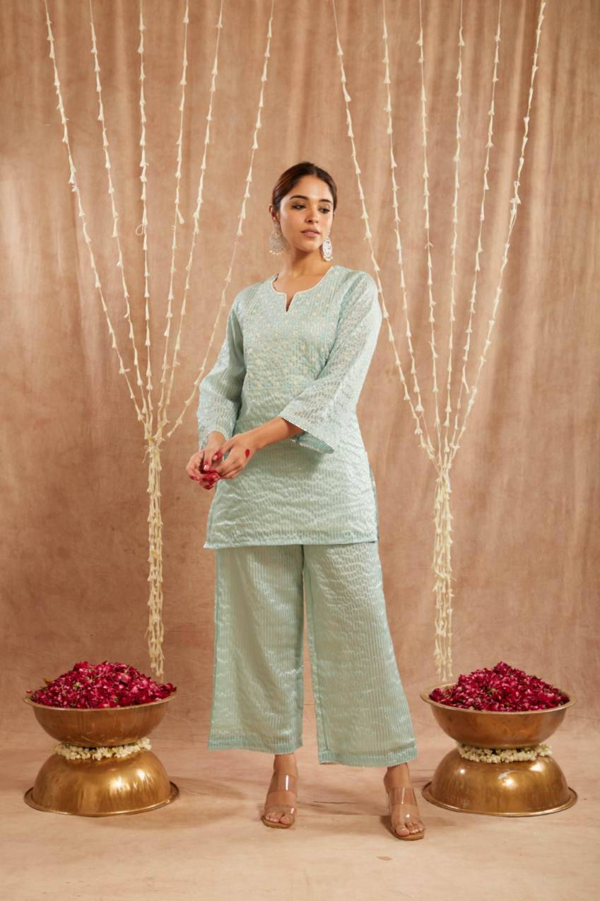 Blue Moroccan Dori Kurta with 
Flared Pants