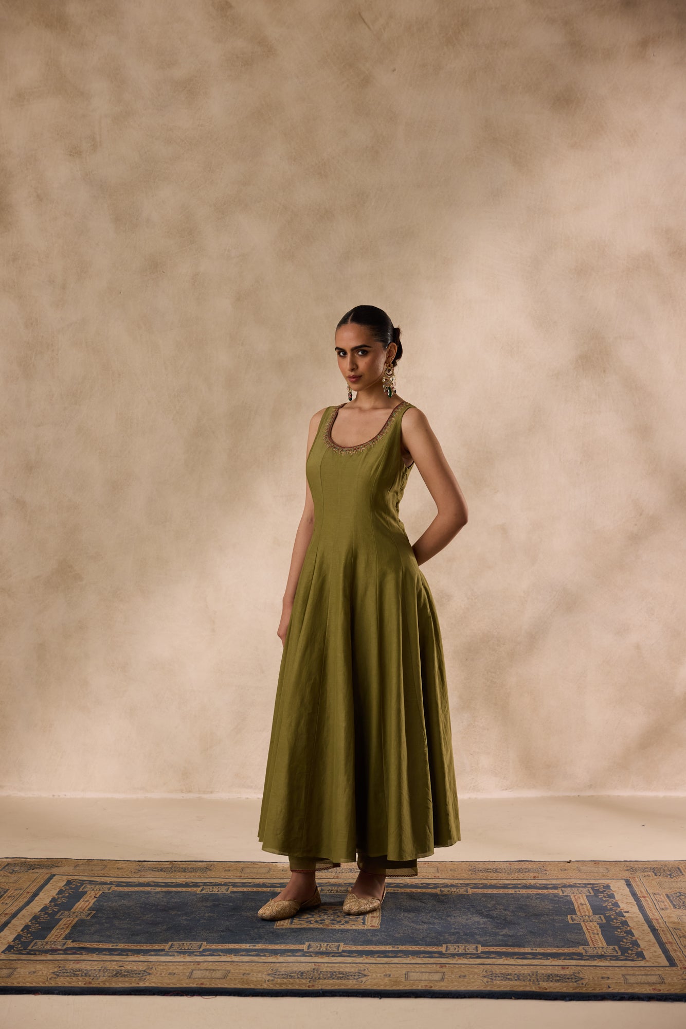 Mehendi green cotton silk  dori work and resham embroiderd anarkali paired with pant & organza heavy border dupatta