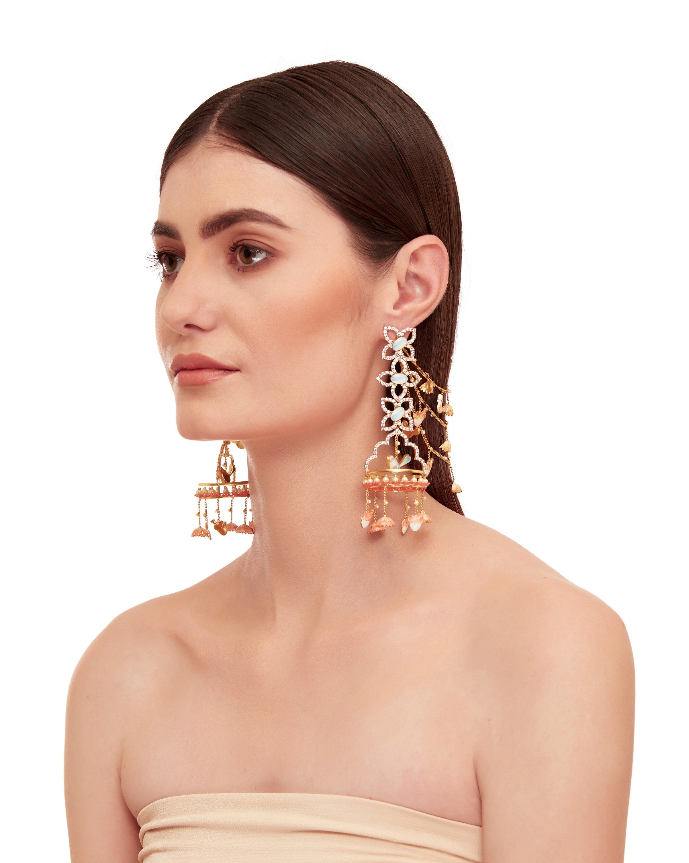 3 flower Earrings with Bird earchains