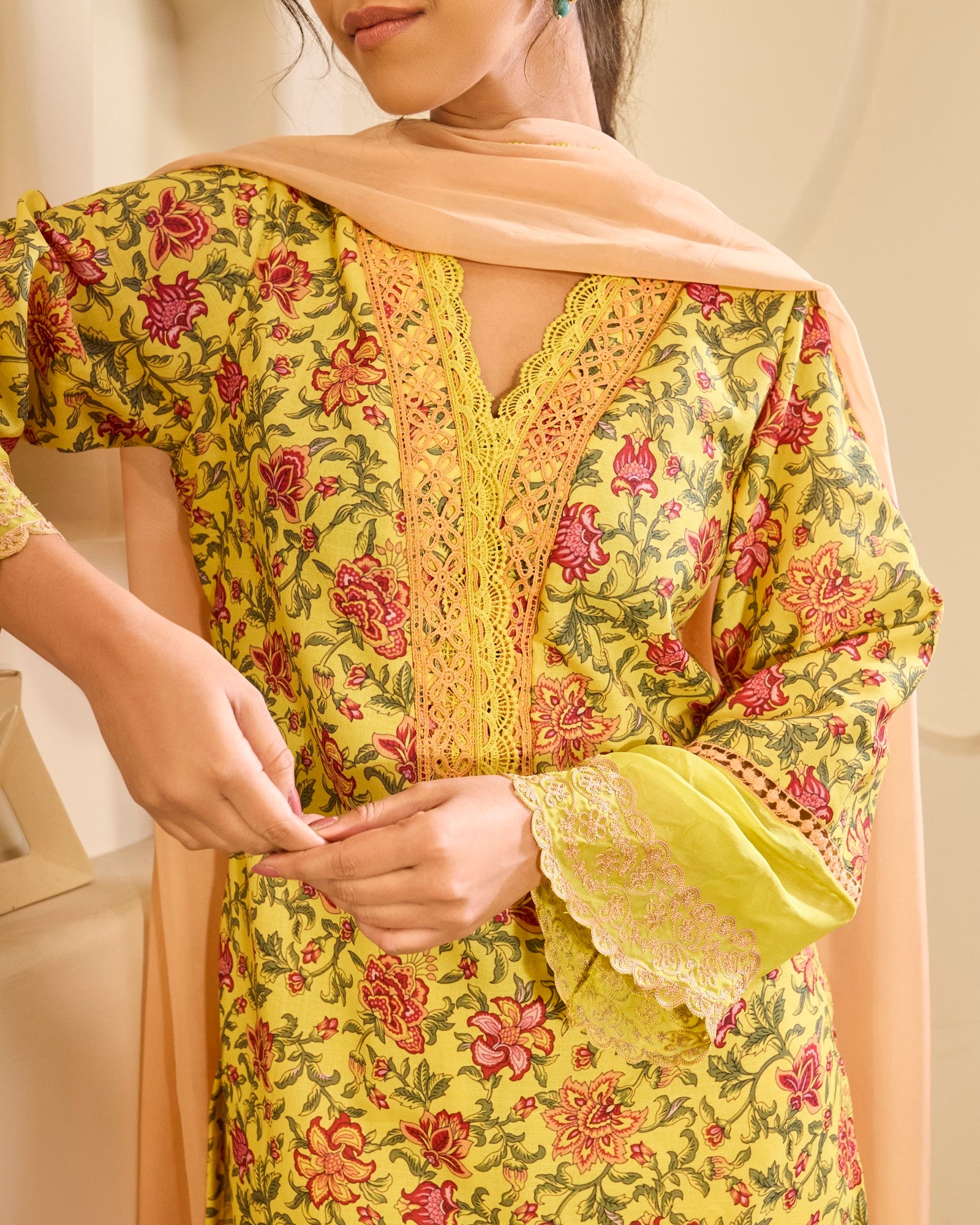 Dahlia Yellow Embroidered Cotton Kurta with Narrow Pants