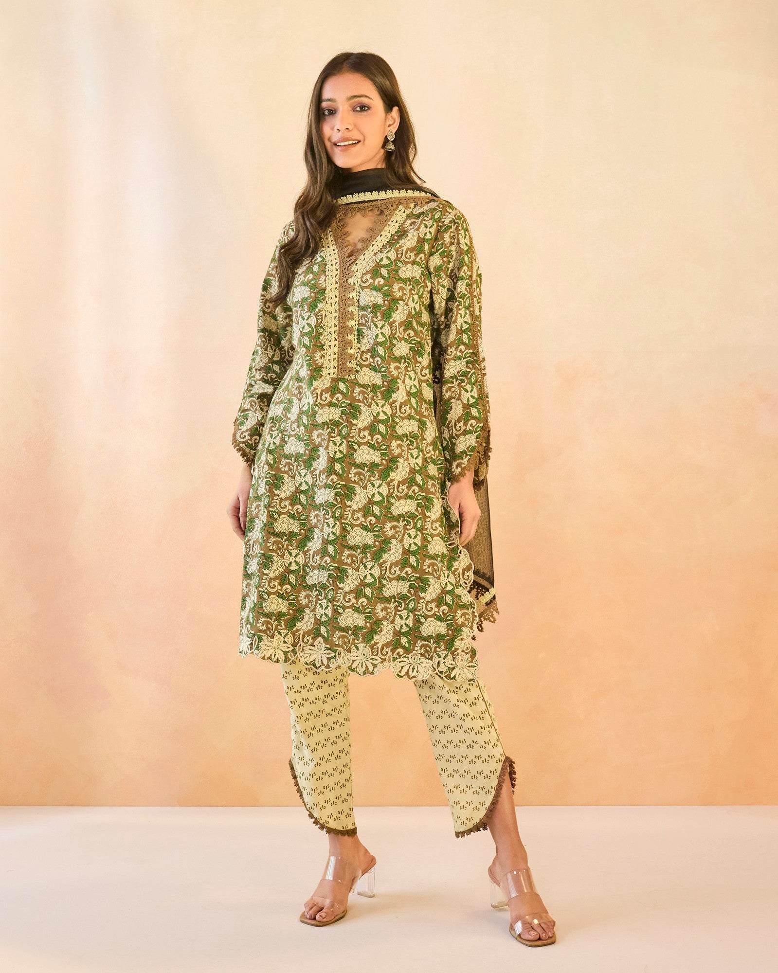 Olive Petal Scallop Cotton Kurta with Tulip Pants
