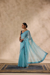 Sky blue chanderi scalloped embroidered saree comes with unstitched & unembroidered blouse fabric in chanderi