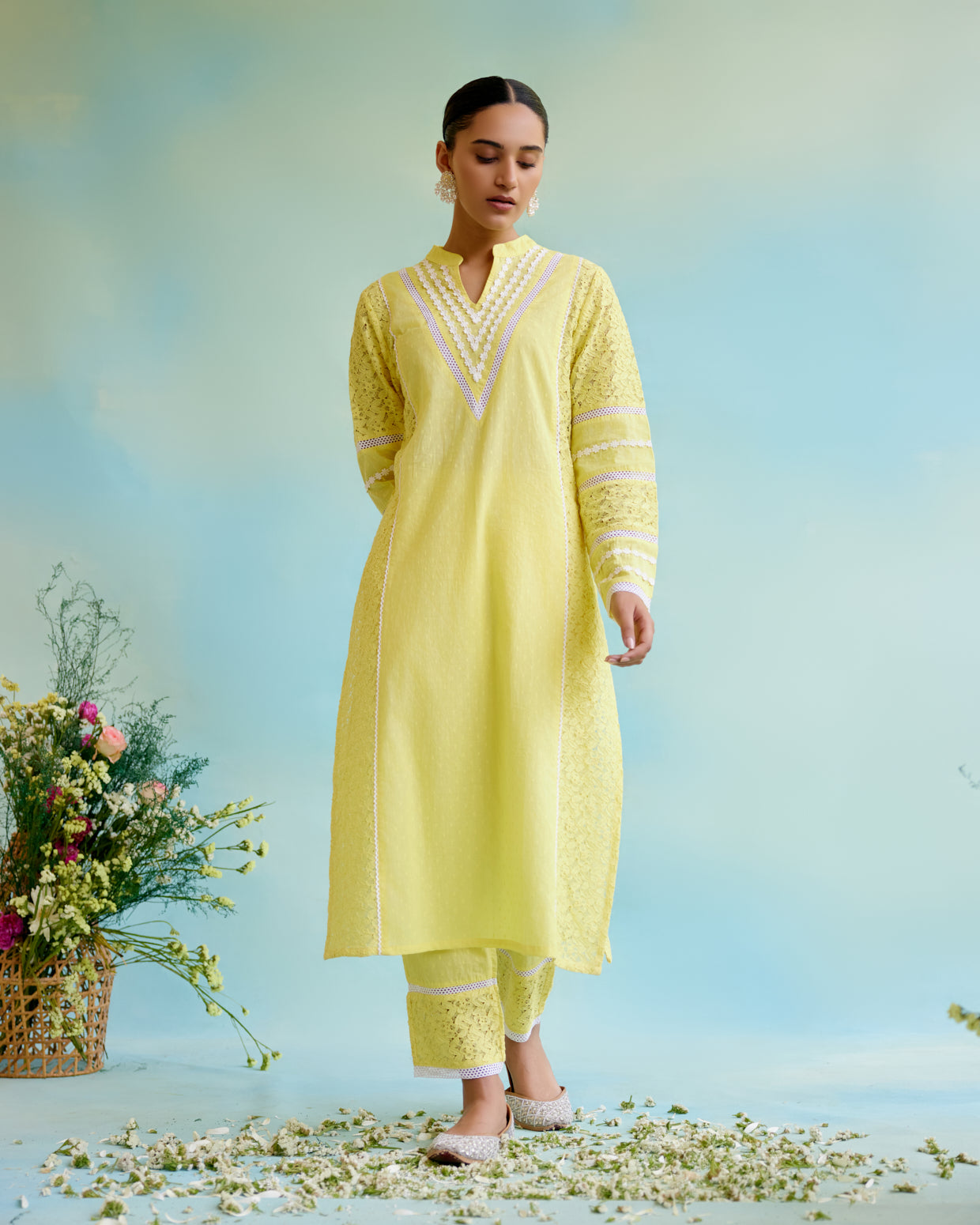Daylily Kurta in Cotton Dobby and Schiffli fabric with Delicate Lace Detaling