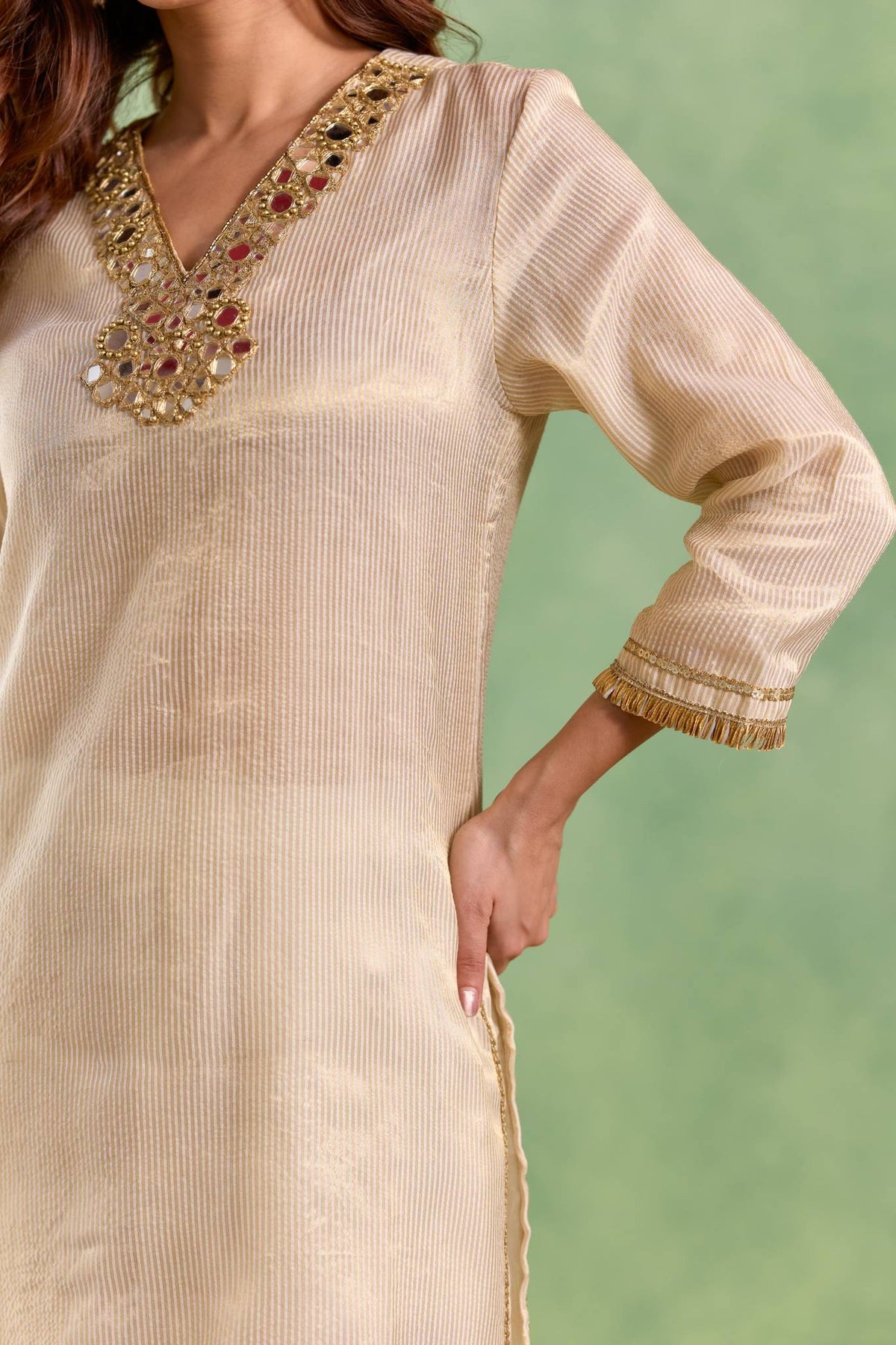 Gold Mirror Embroidered Chanderi Stripe Kurta Set - Set of 2