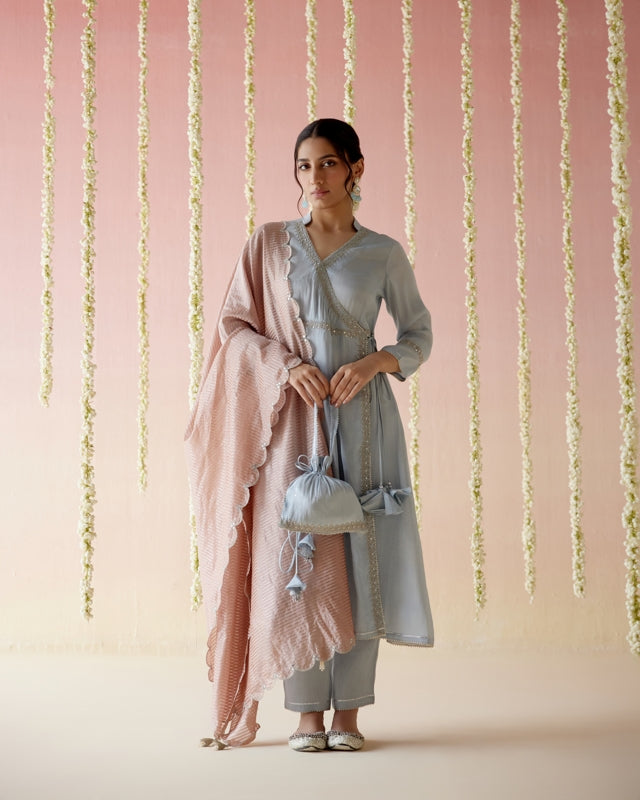 Glory Blue Tissue Angarakha with 
Narrow Pants & Dupatta - Set of 3