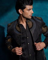 Black hand embroidered open bandhgala set