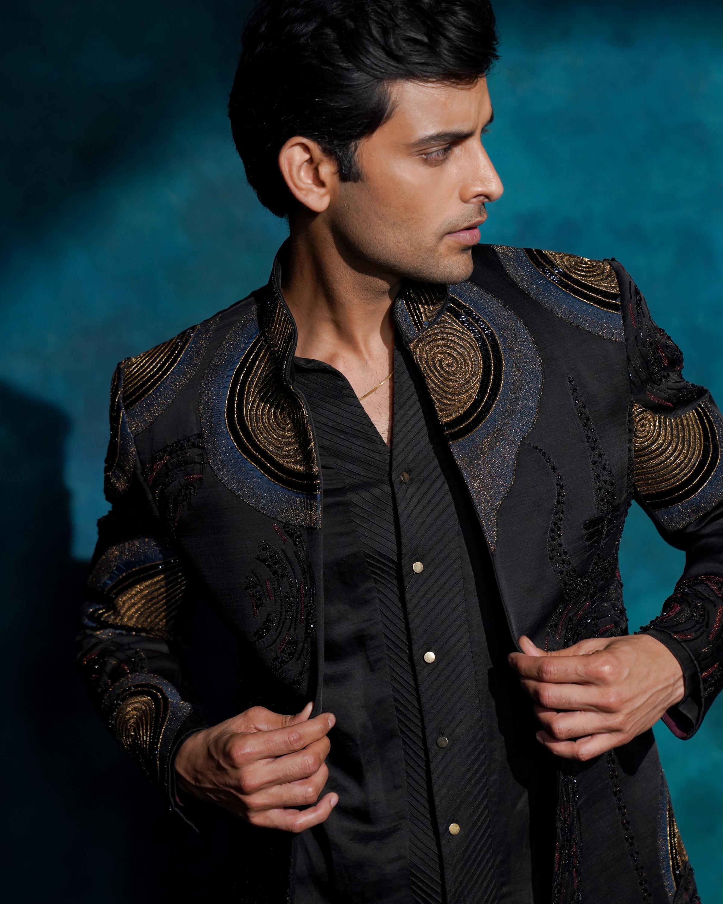 Black hand embroidered open bandhgala set