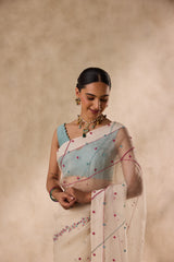 Ivory organza french knot cross stitch embroidered saree comes with unstitched & unembroidered blouse fabric in chanderi