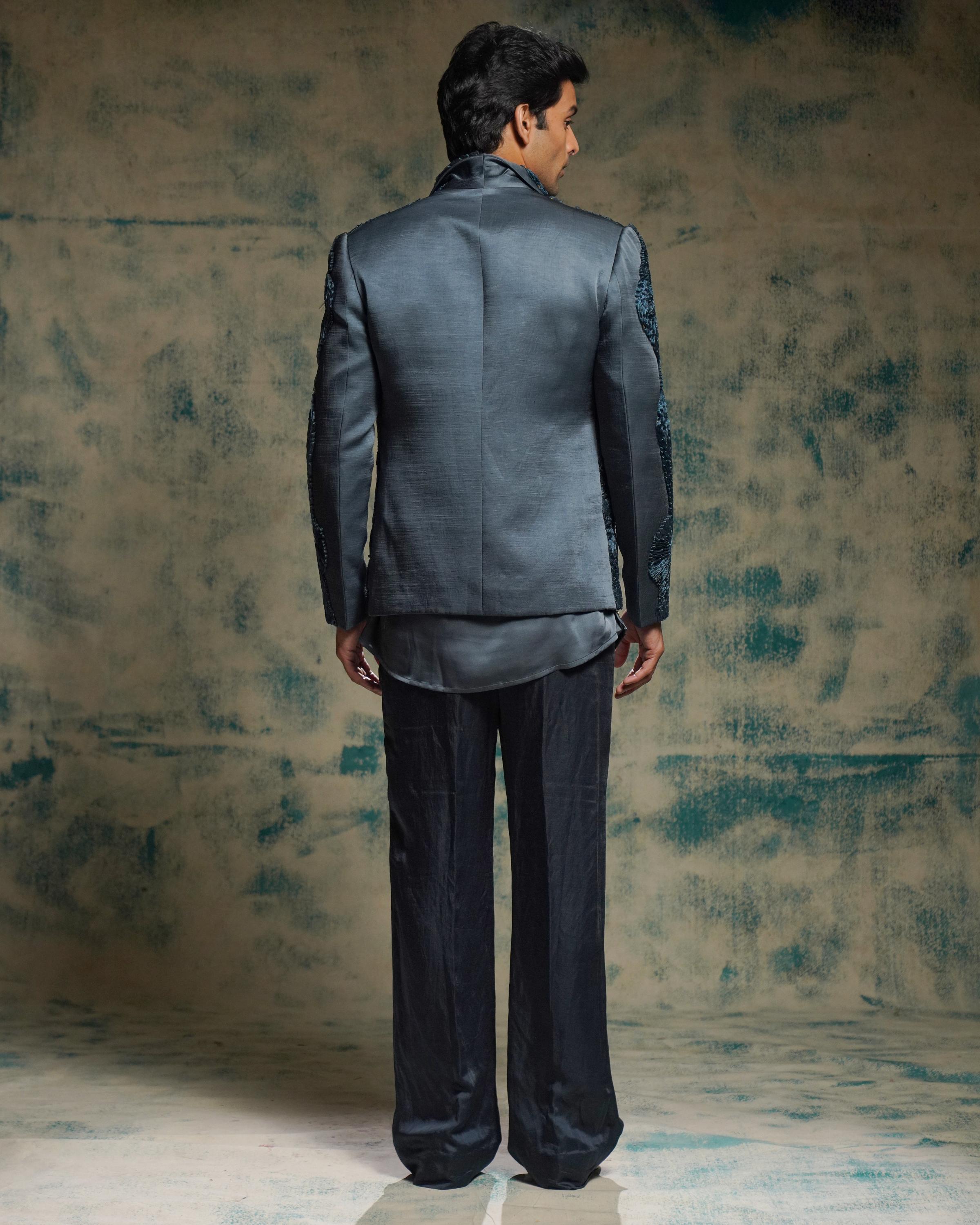 Charcoal Blue hand embroidered short jacket set