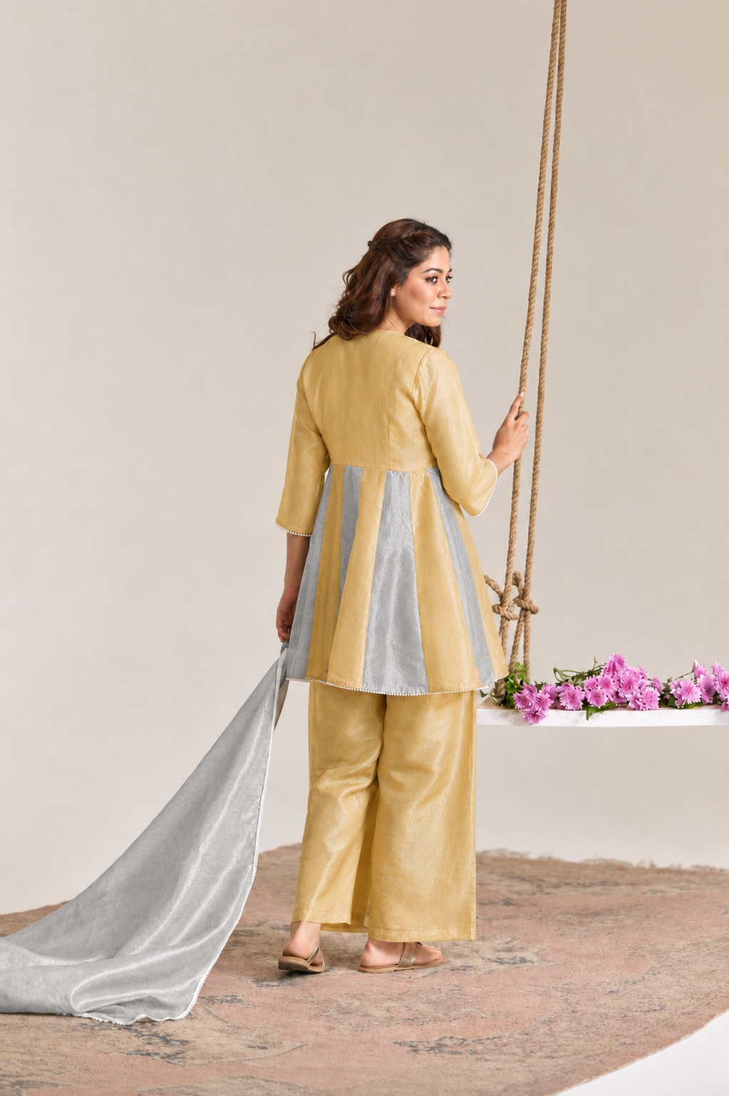 Golden Silver Pearl Kota Tissue Anarkali Set - Set of 2
