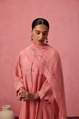 Peach chanderi resham embroidered kurta paired with organic cotton slip, pant & Chanderi dupatta