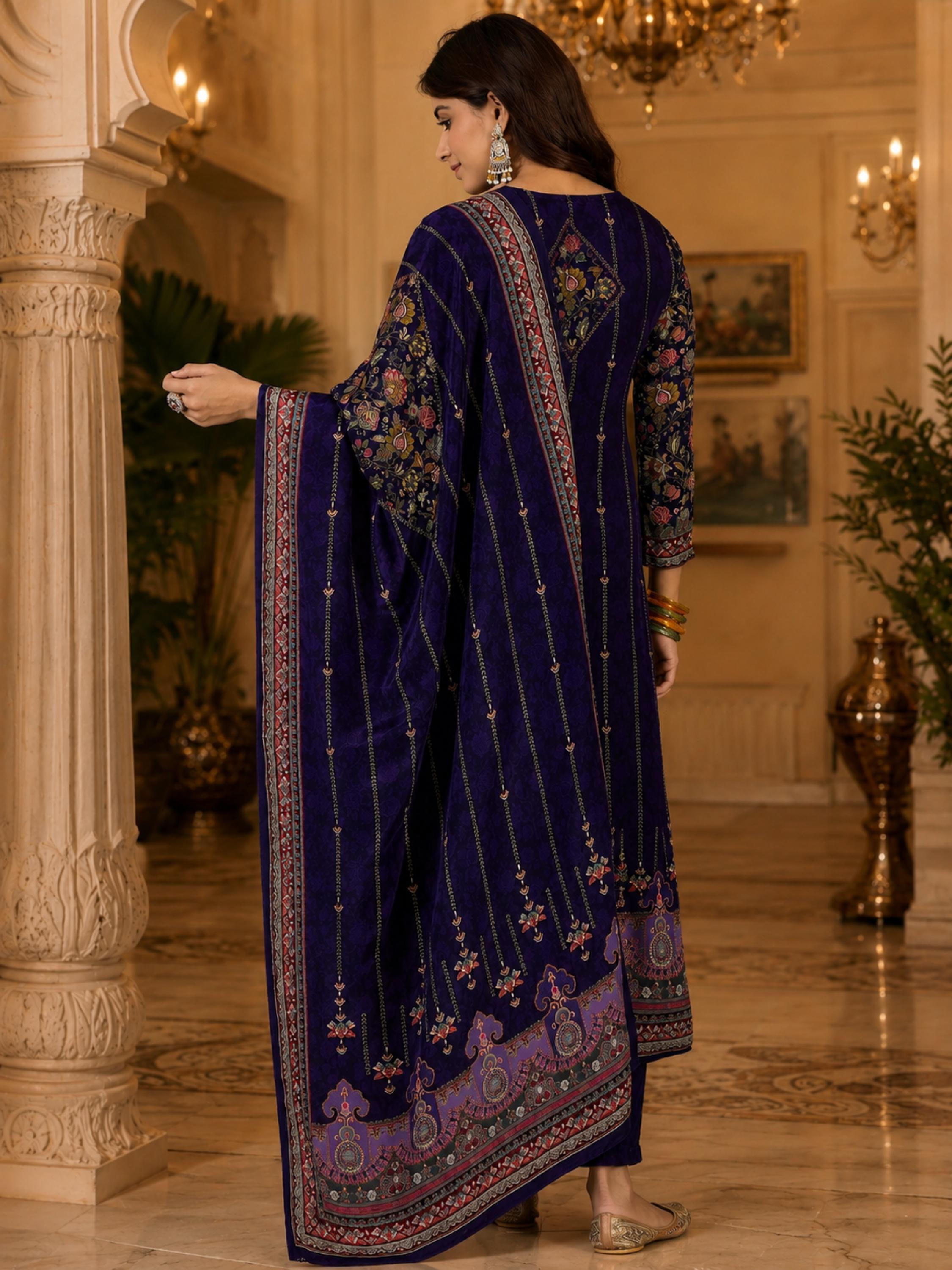 Women's Silk Navy Blue Kurta Set