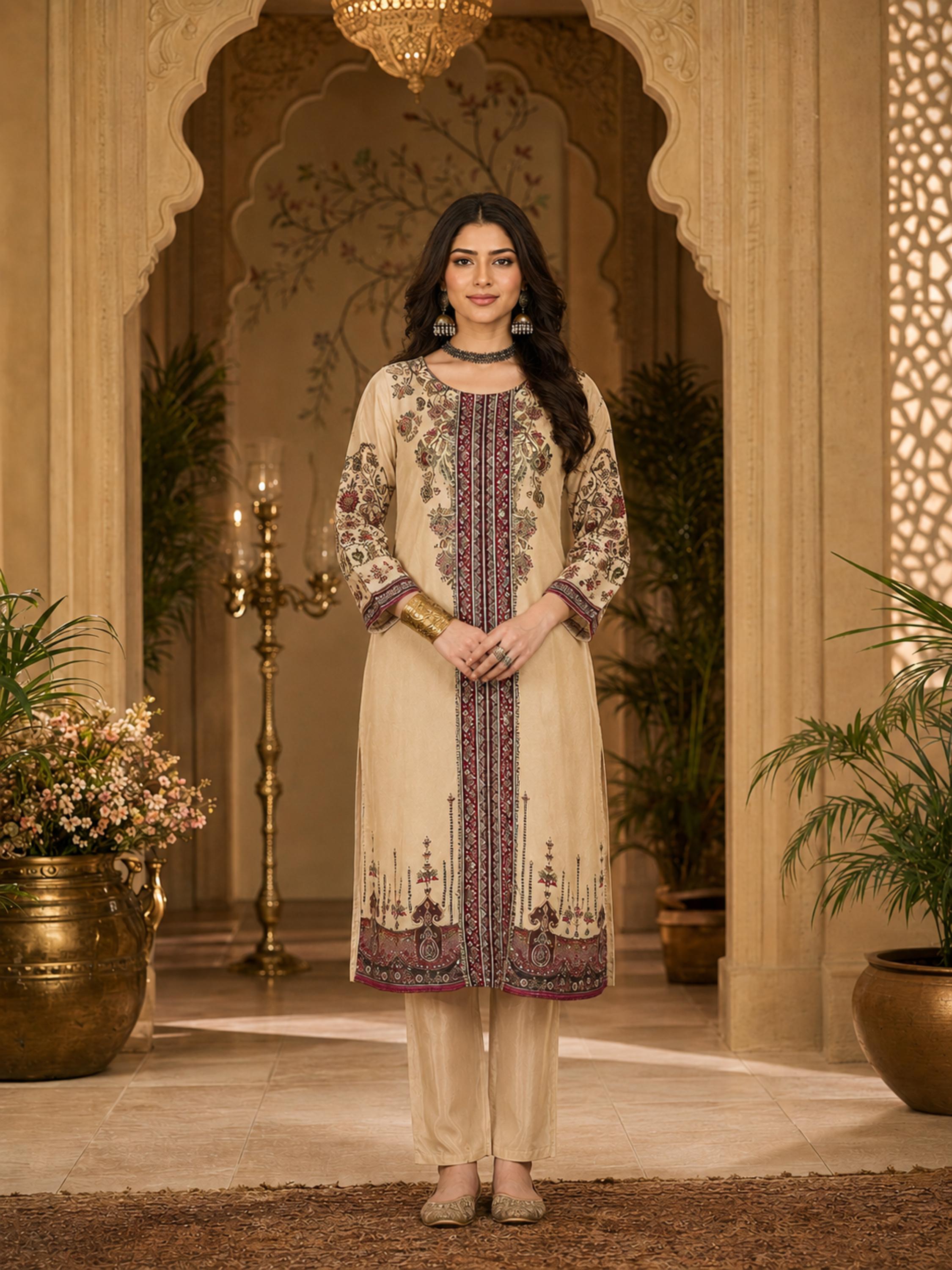 Women's Silk Beige Kurta Set