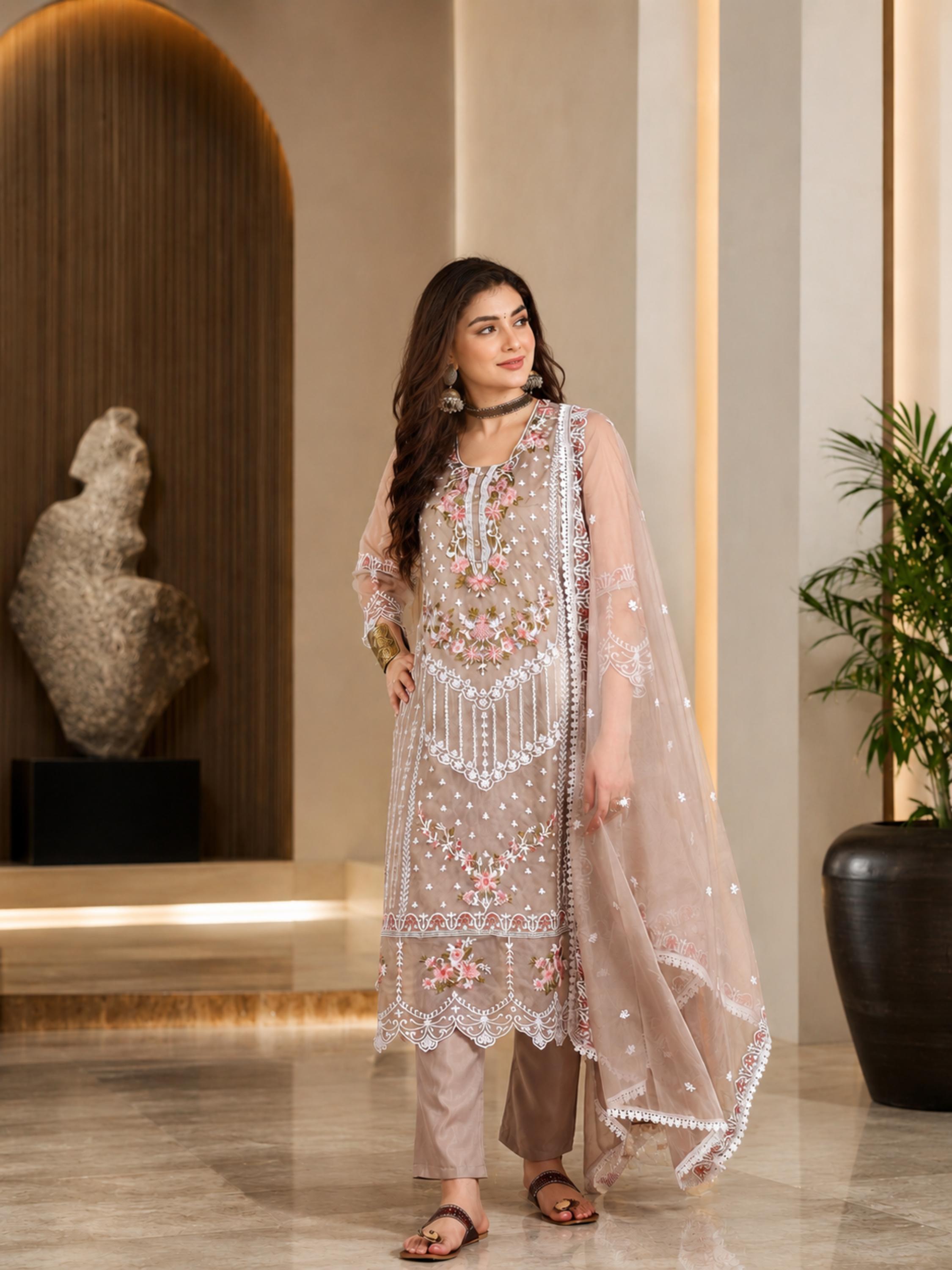 Women's Organza Brown Kurta Set