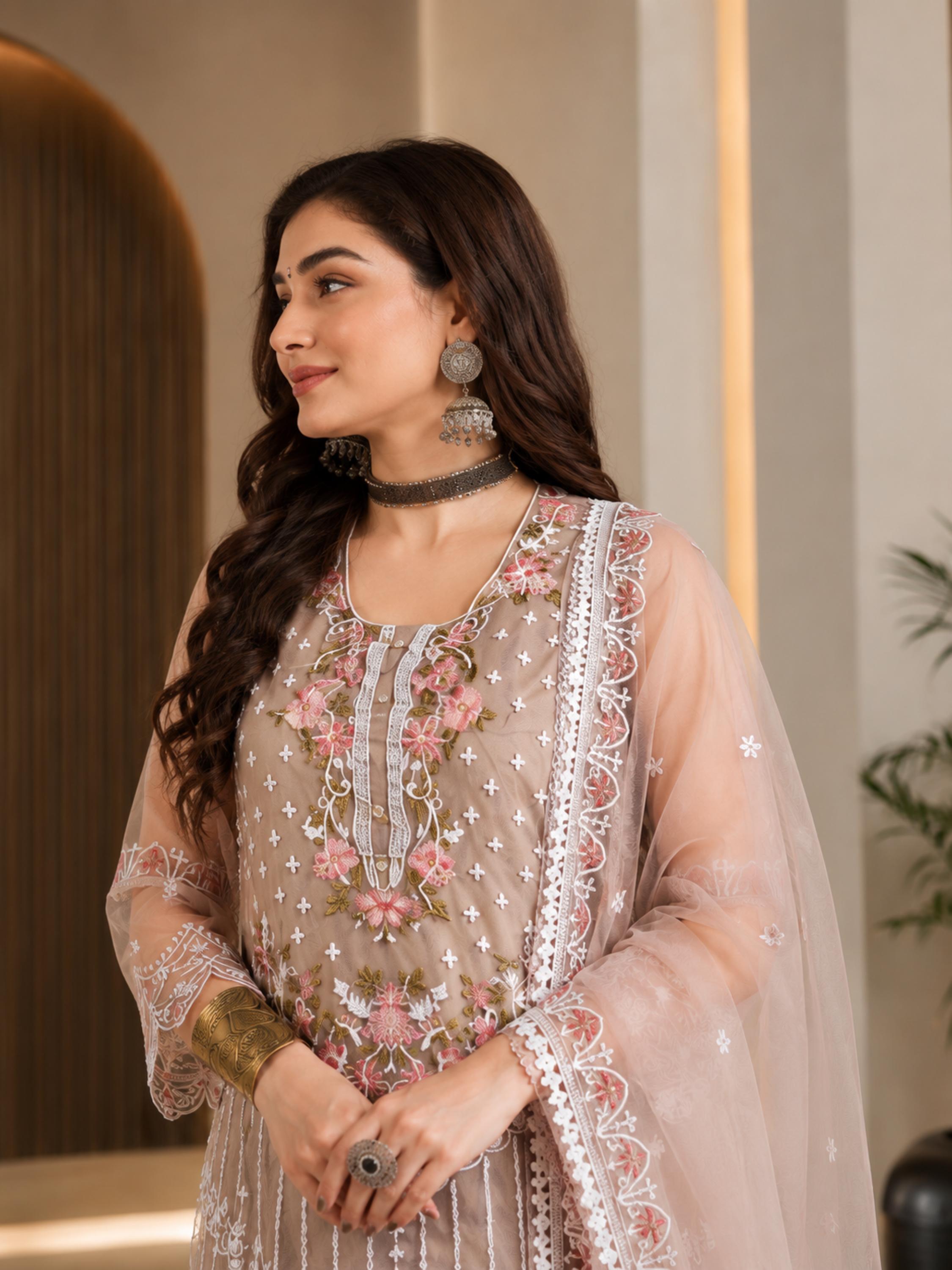 Women's Organza Brown Kurta Set