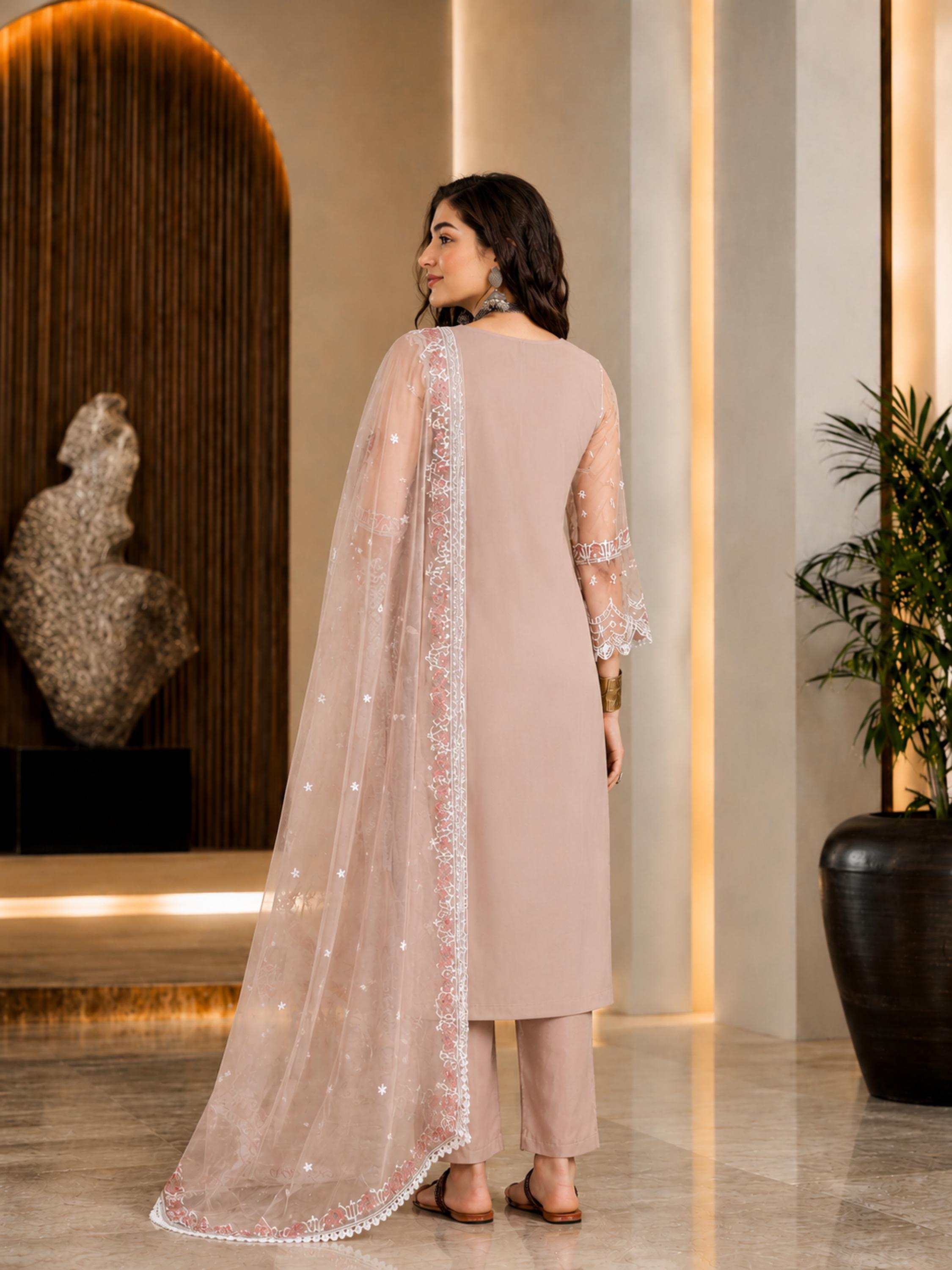 Women's Organza Brown Kurta Set
