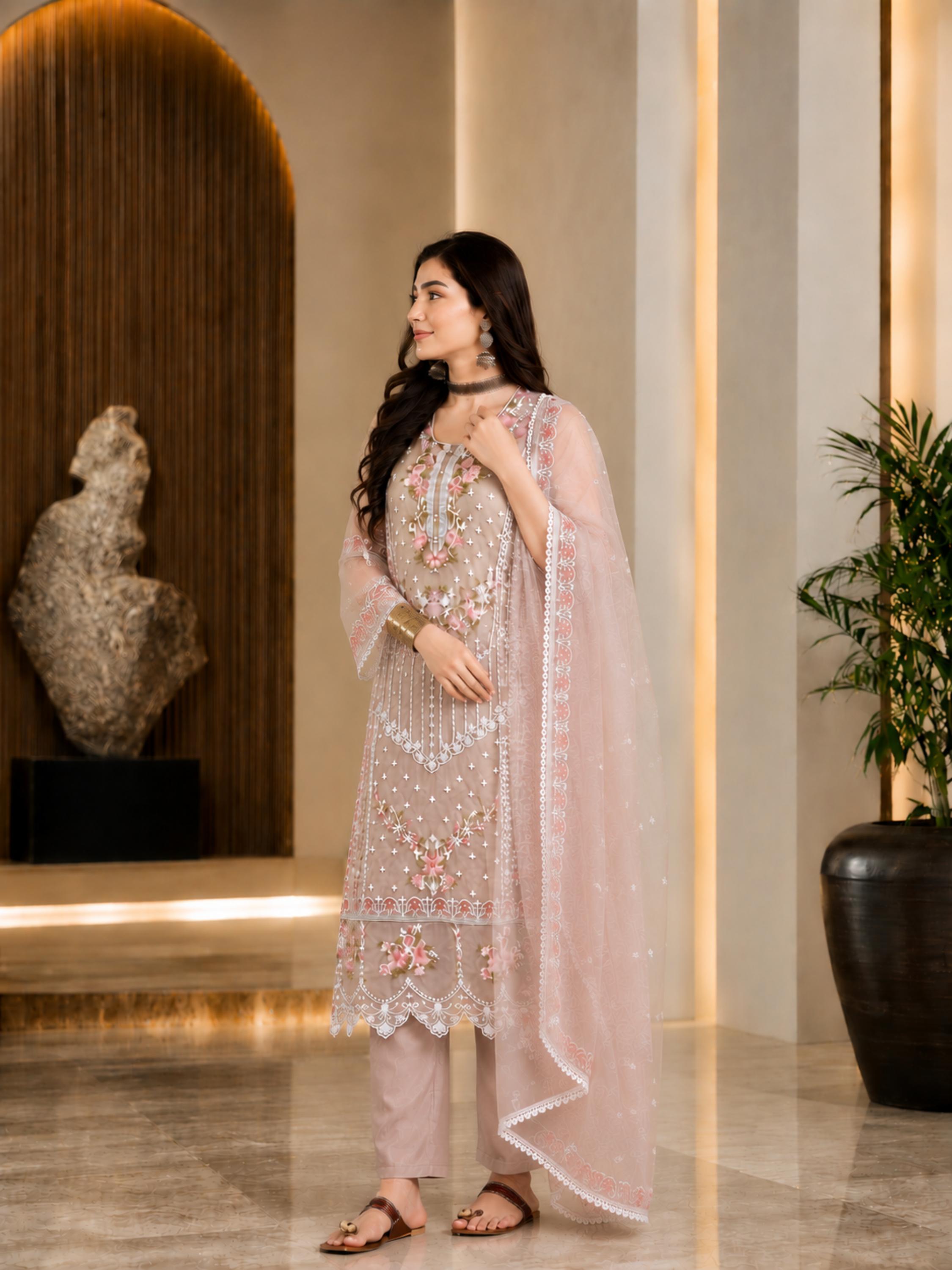 Women's Organza Brown Kurta Set