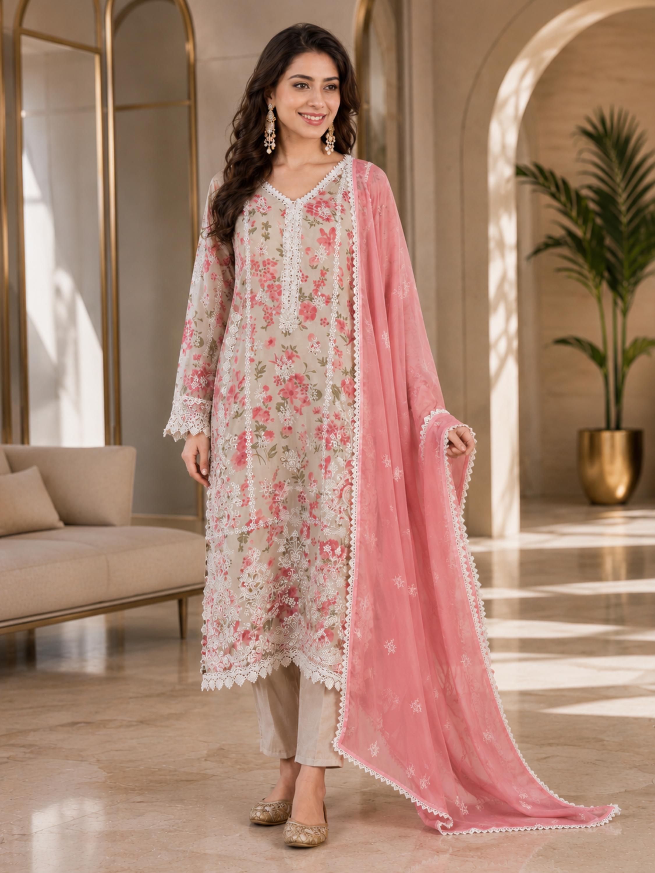 Women's Organza Beige Kurta Set 3