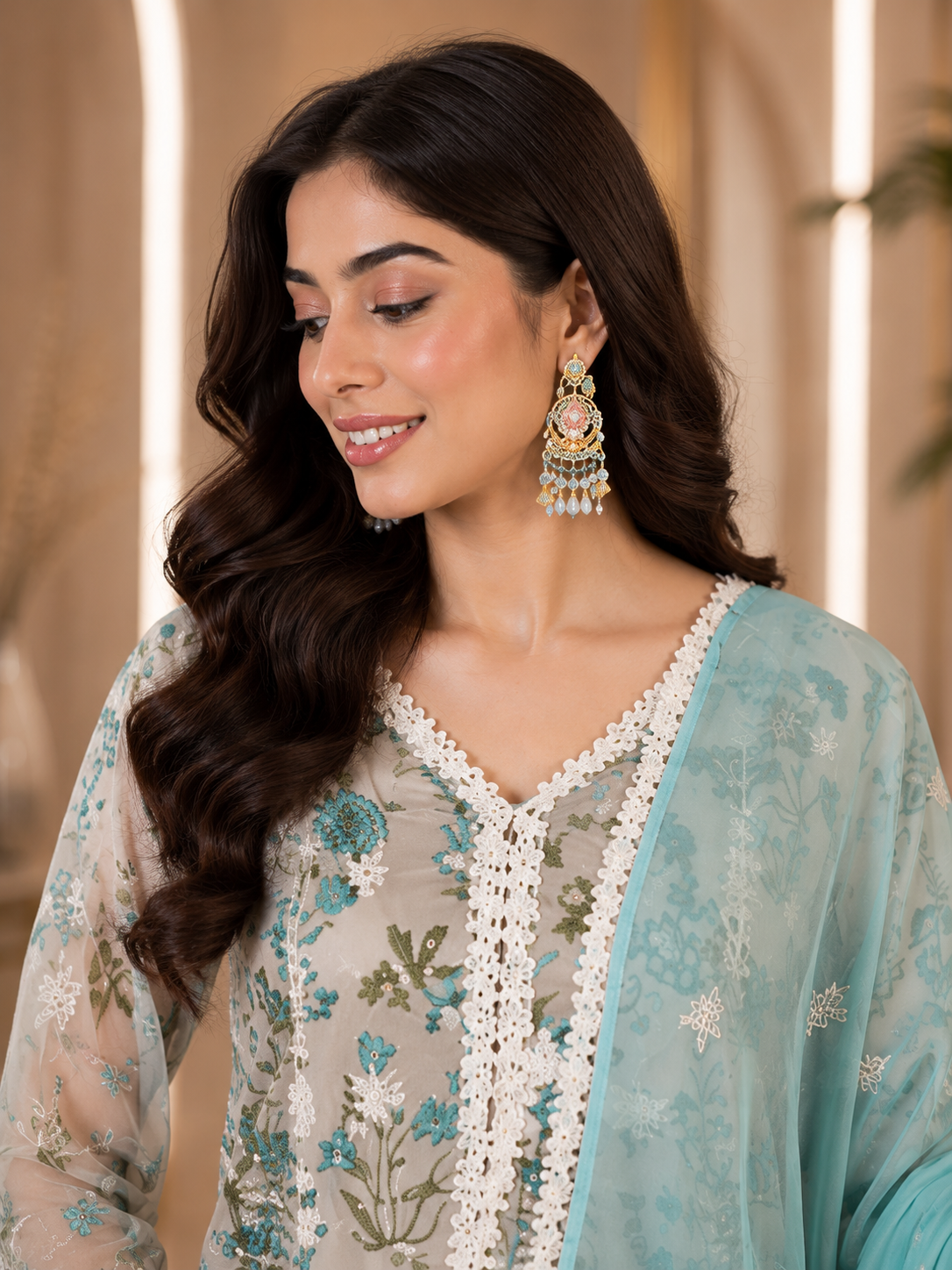 Women's Organza Beige Kurta Set 4